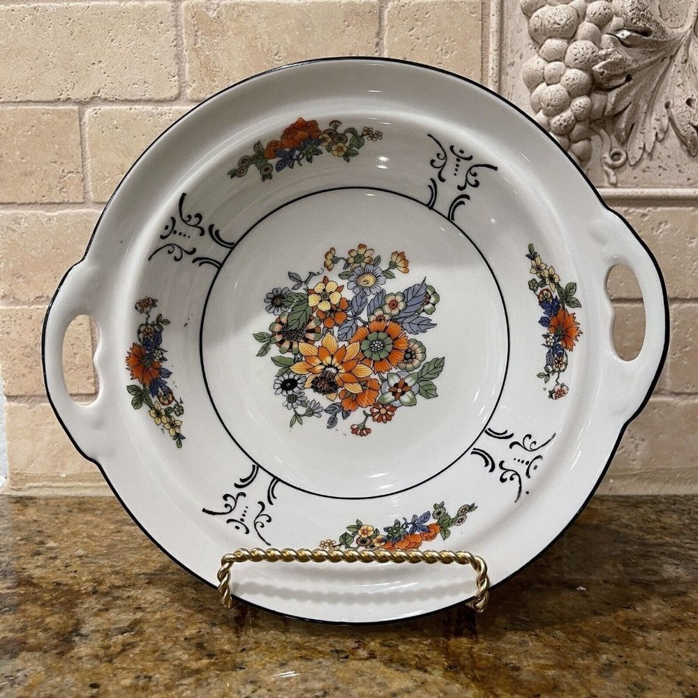 Celebrate Serving Bowl 8.25 Inch German Multicolor‎ Flowers Side Handles Stamped